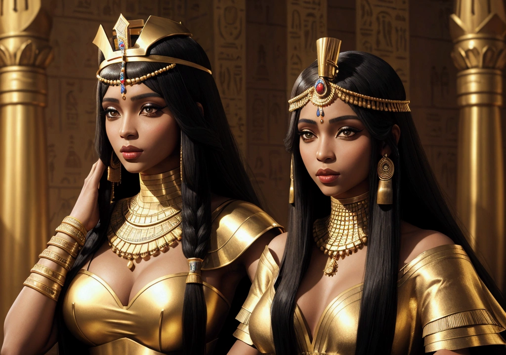 egyptian queen cleopatra, with classic crown, and luxurious Egyptian clothing, with jewelry. brown skin color, de corpo inteiro, wearing a period wig. Egyptian makeup