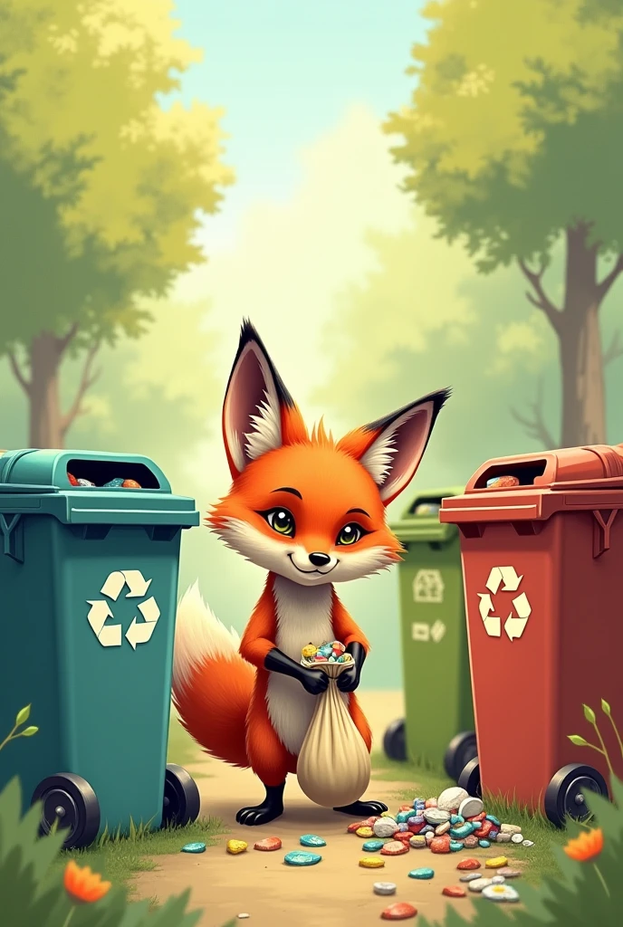 Fox throws trash, has three sorting trash cans diffirent color . And fox have a bag trash in hand .