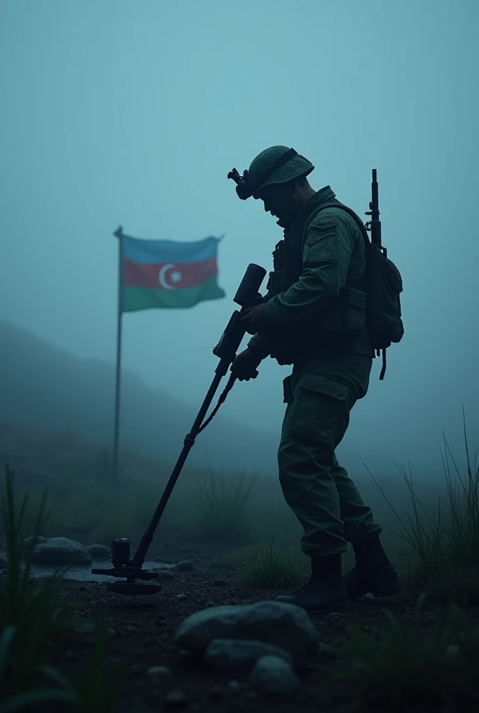 Sapper searching the land with metal detector in foggy night azerbaijan flag