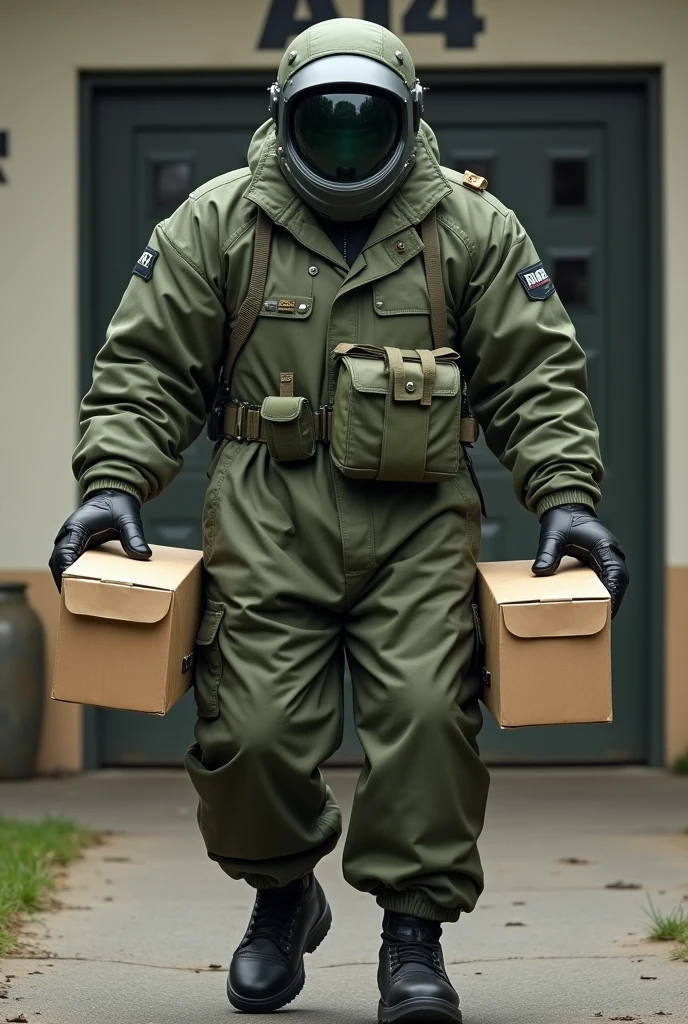 A bomb disposal expert in an olive green suit with a bomb helmet during a furniture move with full hands and boxes. Faces cannot be recognized. In front of a building with the inscription A14. The bomb disposal suit is voluminous without inscription and without coat of arms. Military-inspired