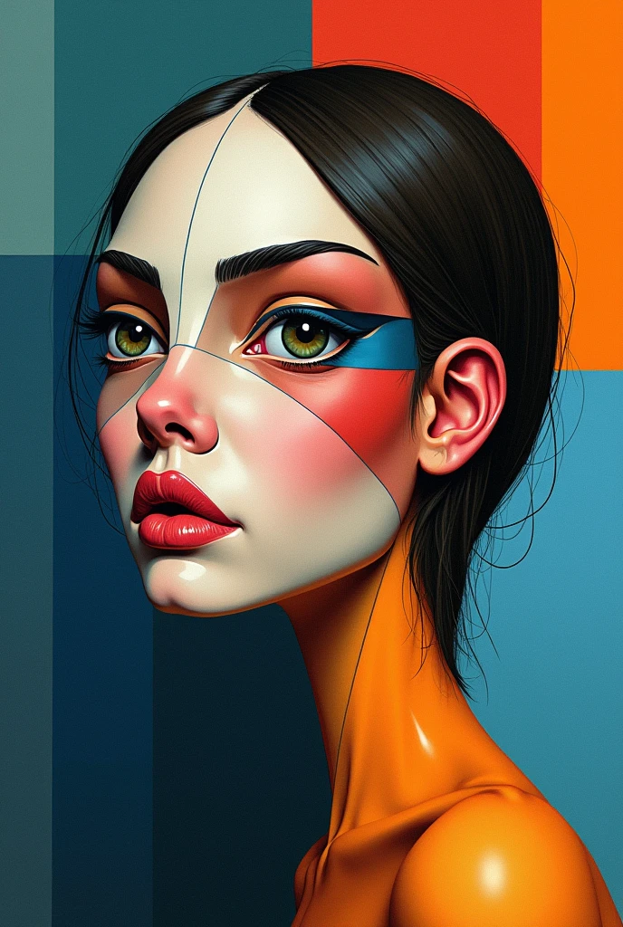 "A surreal portrait of a woman in the style of Picasso, featuring angular, fragmented forms 
and abstracted features. The face is divided into multiple planes, with contrasting colors like deep blues, vivid oranges, and muted pinks. The eyes are asymmetrical, with one larger and more expressive than the other. The overall composition is cubist, with distorted proportions and overlapping geometric shapes. The background is a blend of contrasting colors, adding depth to the abstract form."
