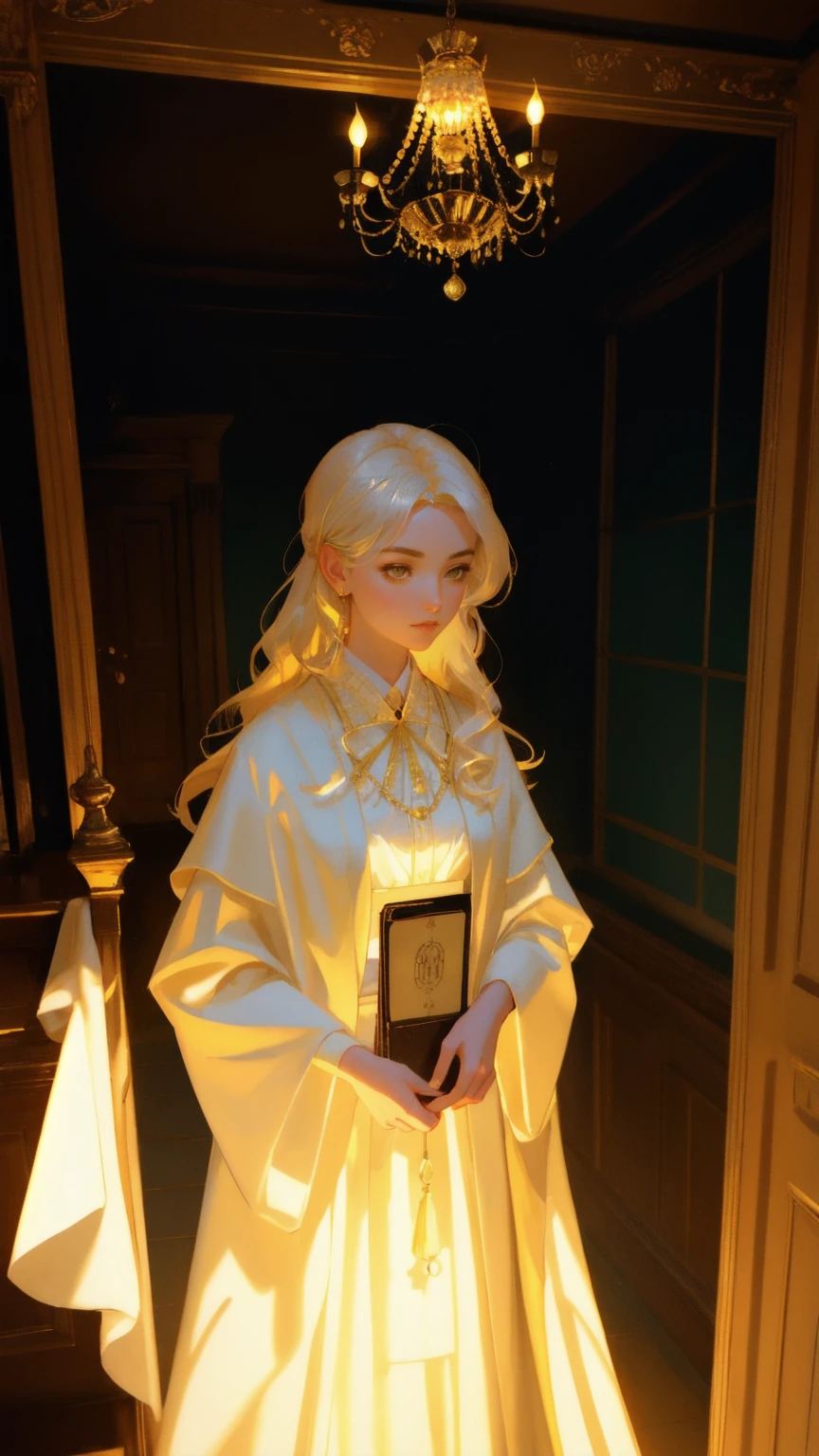 A beautiful young woman with an ethereal glow, dressed in a flowing robe, appears as a ghostly figure inside a vintage study room. She is holding a glowing, mysterious ledger labeled 'Satoshi's Lost Wallet' in her hands. The background is bathed in a warm yellow hue, with floating Bitcoin symbols surrounding her. Antique furniture, a chandelier casting a soft yellow light, and shadowy portraits on the walls add to the enigmatic atmosphere, capturing the haunting allure of the lost crypto treasure.