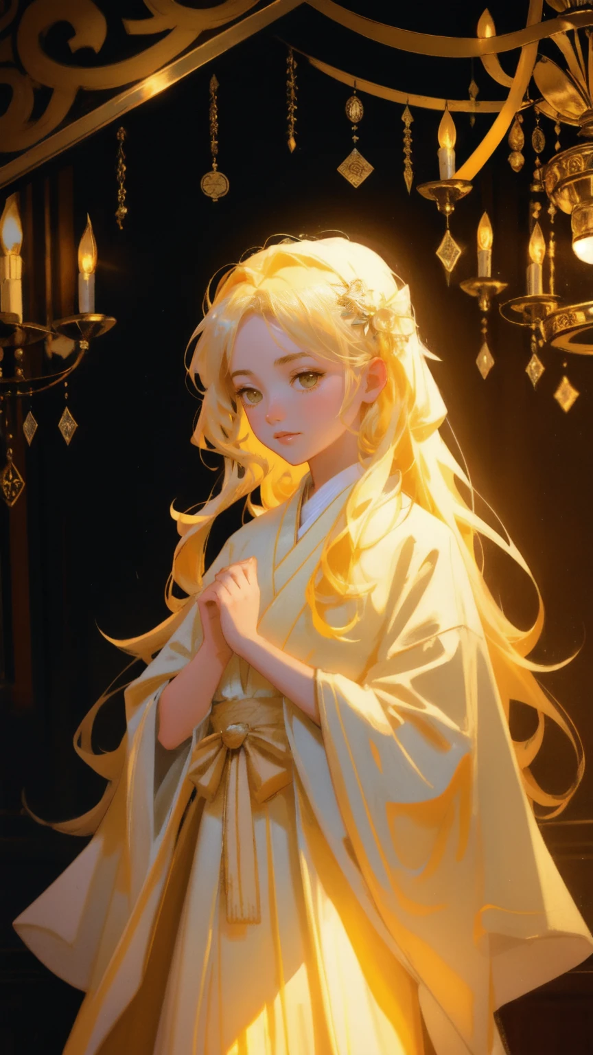 A beautiful young woman with an ethereal glow, dressed in a flowing robe, appears as a ghostly figure inside a vintage study room. She is holding a glowing, mysterious ledger labeled 'Satoshi's Lost Wallet' in her hands. The background is bathed in a warm yellow hue, with floating Bitcoin symbols surrounding her. Antique furniture, a chandelier casting a soft yellow light, and shadowy portraits on the walls add to the enigmatic atmosphere, capturing the haunting allure of the lost crypto treasure.