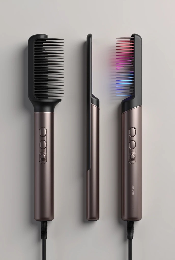 A fantastic multifunctional comb that can straightening, curling, hair dyeing, it can change the top part to match different jobs. It has three different button. Three different spare-part aside