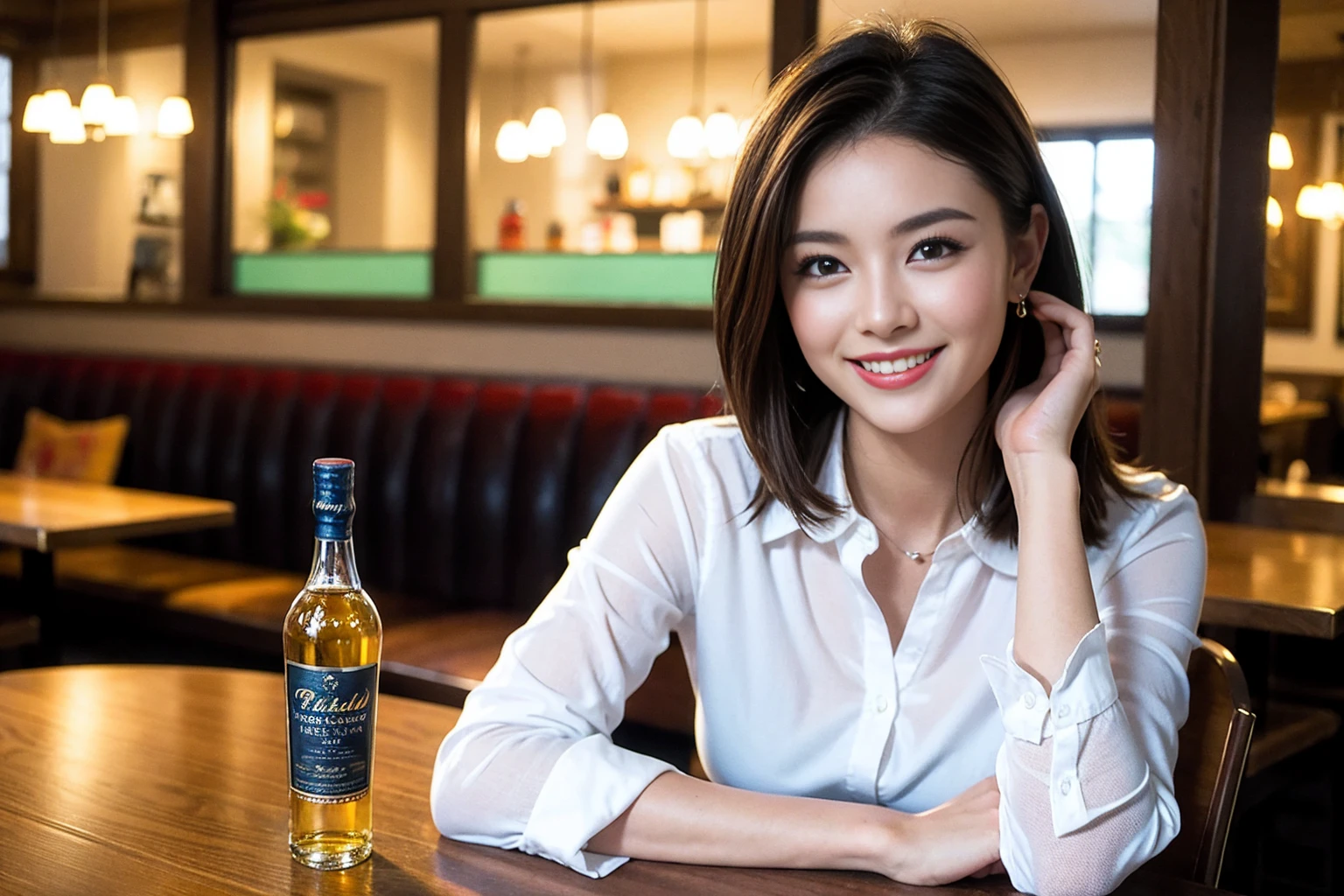 ((Highest quality、8k、masterpiece:1.3))、Whiskey bottles、The Macallan、Joni Black、Old Parr、whiskey、Suntory、Nikka、slimカップル、modelカップル、(Realistic, Intricate details:1.2), full-course dinner、Whiskey bottle and glass on the table、Single Malt、scotch、Rocks glass、Shot Glass、On the rock、Scotland、Amazing view of the sunset sky and clouds、A bright smile、The wonderfulness of smile、 Beautiful Face, blue eyes, The light shines on your face, blush, short hair,Bright Face、 (Age 37), 3,Two beauties、Brown Hair、Shortcuts、Long sleeve shirt、dress、Beautiful woman 1, (slimな顔), (The body is slim), (Brown Hair), (Shortcuts), cheeks turn a little red,Attractive beauty、restaurant, In a prominent place (From the waist up) Nova Frog Style, actress, model, Upper Body, White wine, slim, smile, (smile: 1.15), Beautiful fine grain, Depth f/2,saturation, High Contrast, Strong light and shadow,Moist Body:1.5、3D texture、Delicate eyes、Brown Hair、The hair is very shiny、