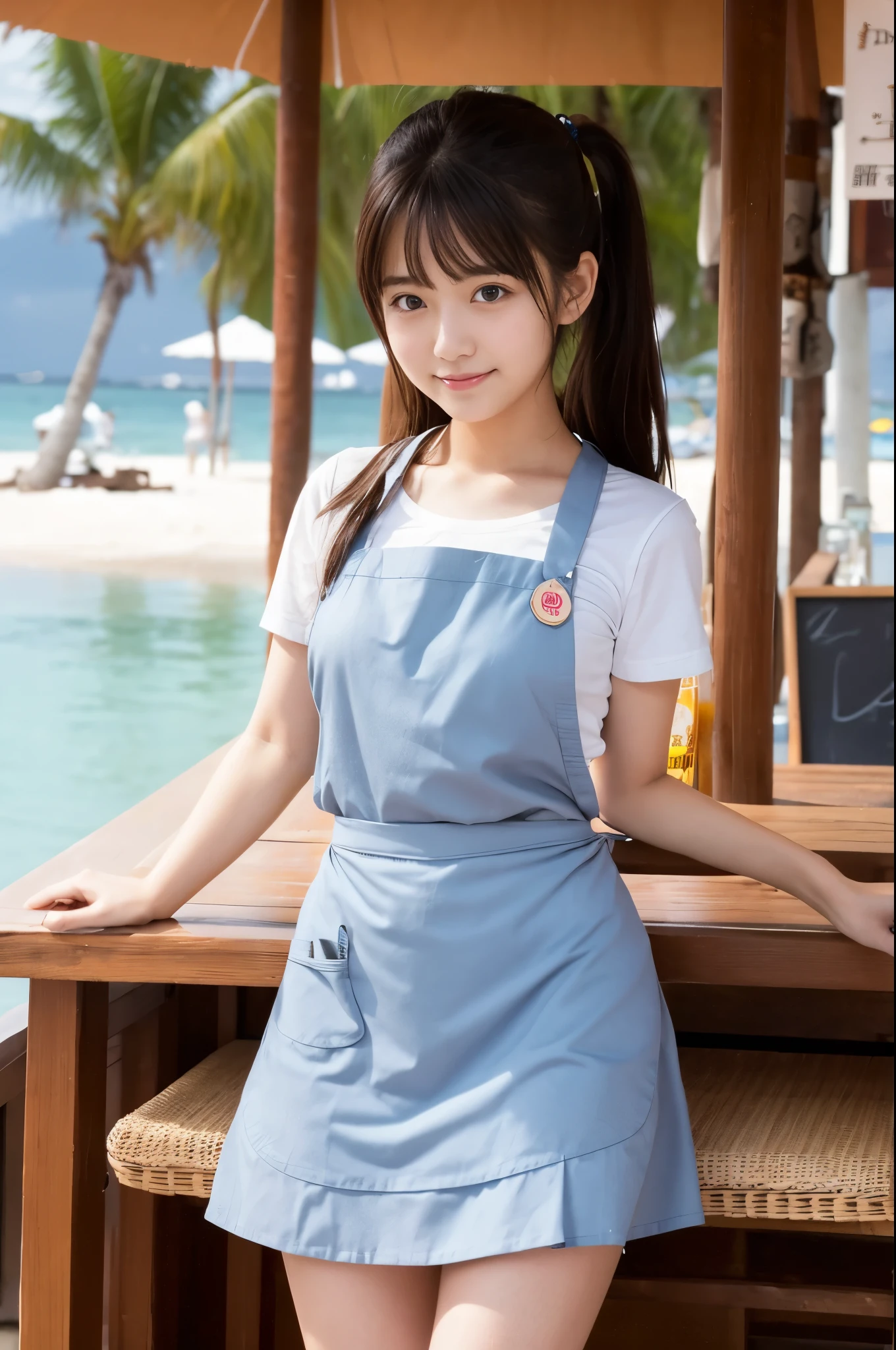 A girl (twenty years old, Japanese cute face) are wearing apron, mini skirt at the beach bar