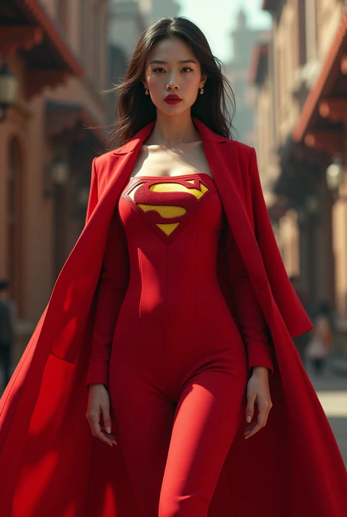 Beautiful curvy Chinese white skin girl, Red lips, Red jumpsuit, superman logo, coat, boots, Standing posture when shooting, Very detailed, HD, Extremely detailed, Ray Tracing, high resolution, Stunning visuals,
