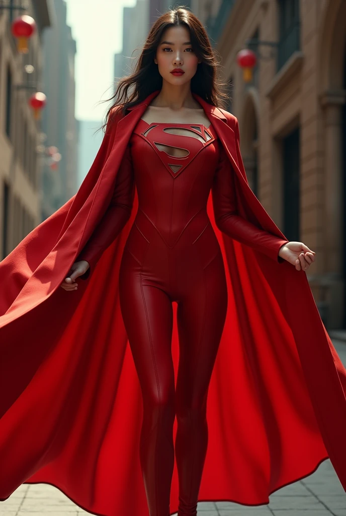Beautiful curvy Chinese white skin girl, Red lips, Red jumpsuit, superman logo, coat, boots, Standing posture when shooting, Very detailed, HD, Extremely detailed, Ray Tracing, high resolution, Stunning visuals,