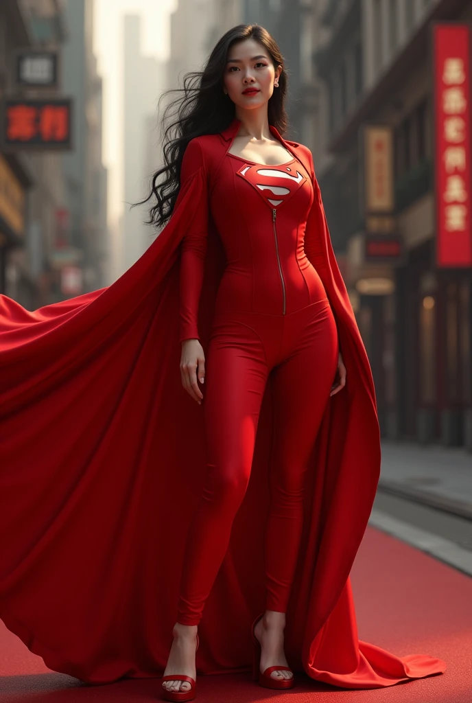 Beautiful curvy Chinese white skin girl, Red lips, Red jumpsuit, superman logo, coat, boots, Standing posture when shooting, Very detailed, HD, Extremely detailed, Ray Tracing, high resolution, Stunning visuals,