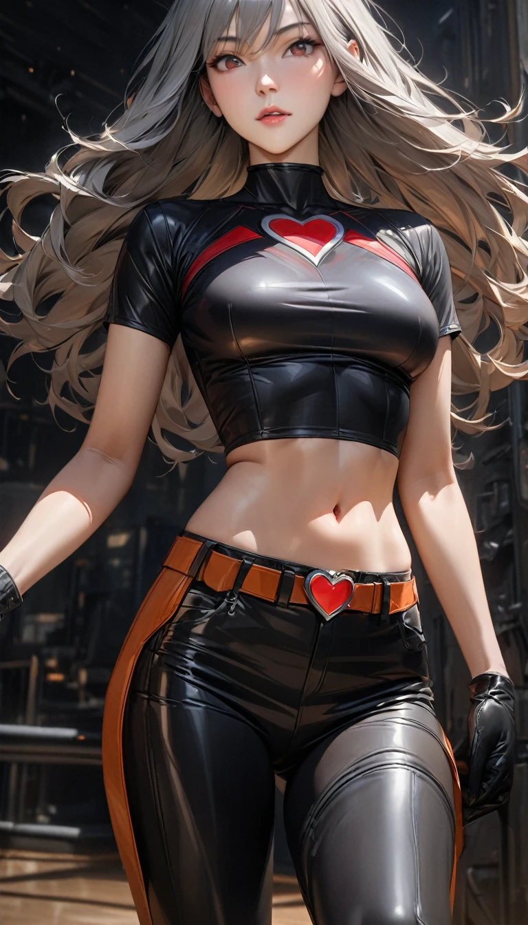 Young woman, superhero, tall posture (hair (gray, straight, chest length)) (black tight shirt (crop top, deep neck, short sleeves)) showing navel. black leather pants small black boots Large orange belt with red heart-shaped buckle. Thin black gloves. Stand up straight.
The background is Jupiter (UHD, ultra realistic Special details, masterpieces, best quality)