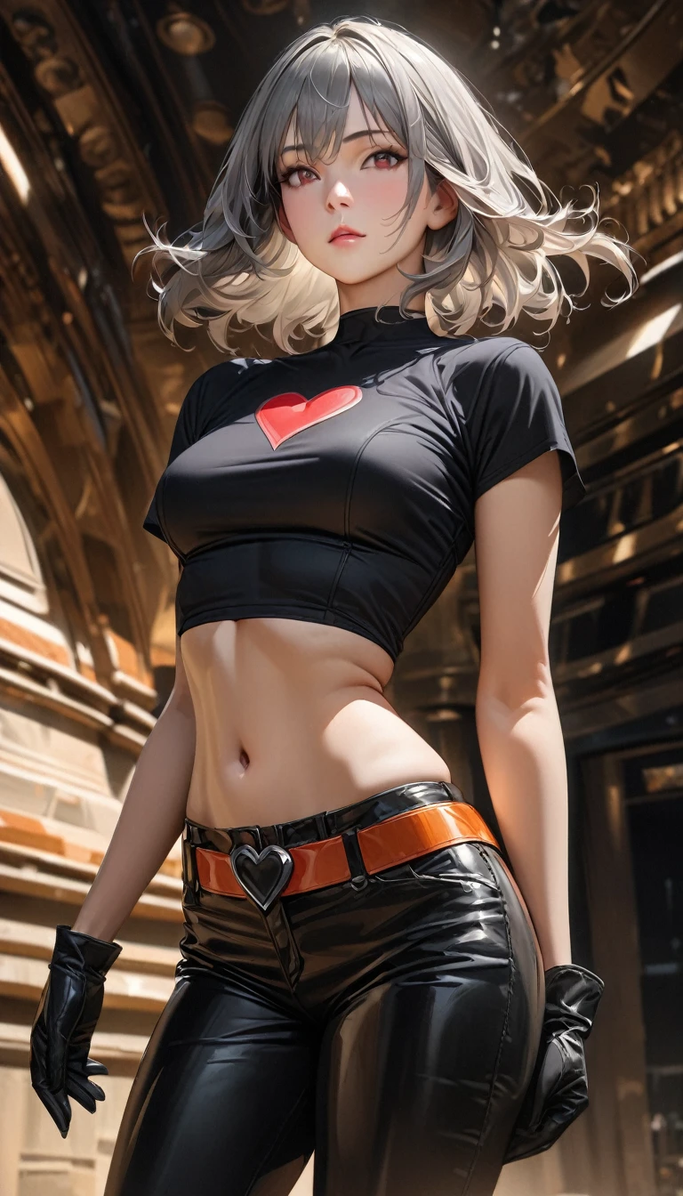 Young woman, superhero, tall posture (hair (gray, straight, chest length)) (black tight shirt (crop top, deep neck, short sleeves)) showing navel. black leather pants small black boots Large orange belt with red heart-shaped buckle. Thin black gloves. Stand up straight.
The background is Jupiter (UHD, ultra realistic Special details, masterpieces, best quality)