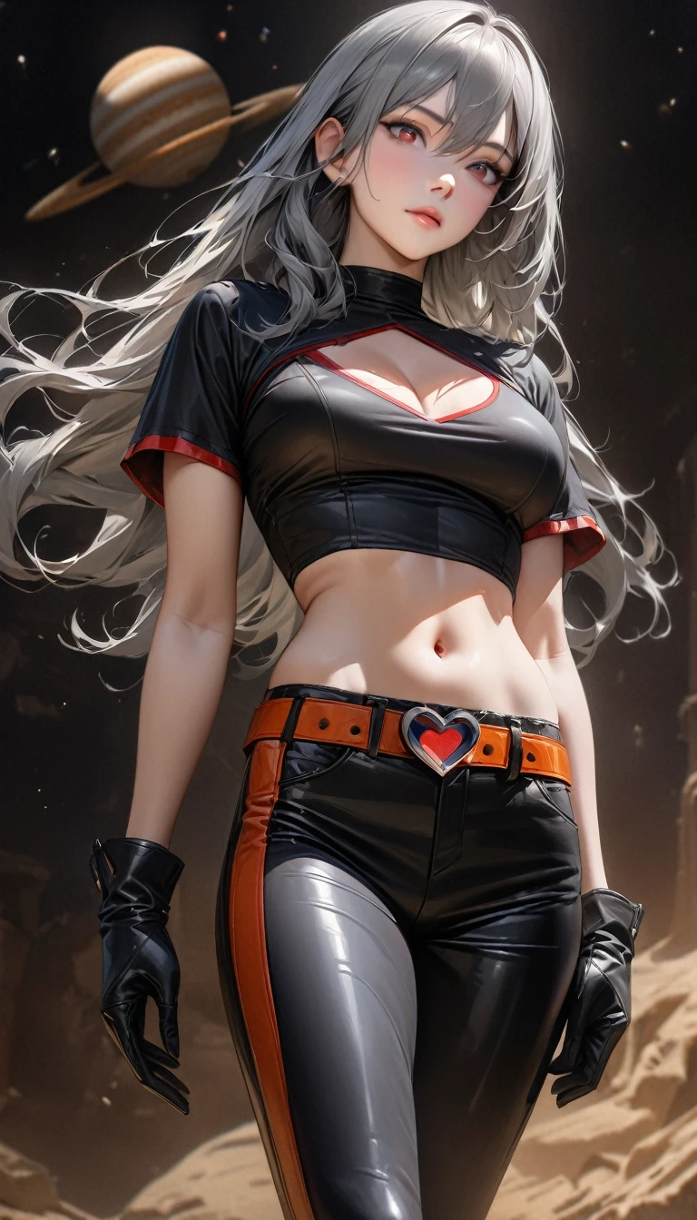 Young woman, superhero, tall posture (hair (gray, straight, chest length)) (black tight shirt (crop top, deep neck, short sleeves)) showing navel. black leather pants small black boots Large orange belt with red heart-shaped buckle. Thin black gloves. Stand up straight. 
The background is Jupiter (UHD, ultra realistic Special details, masterpieces, best quality)