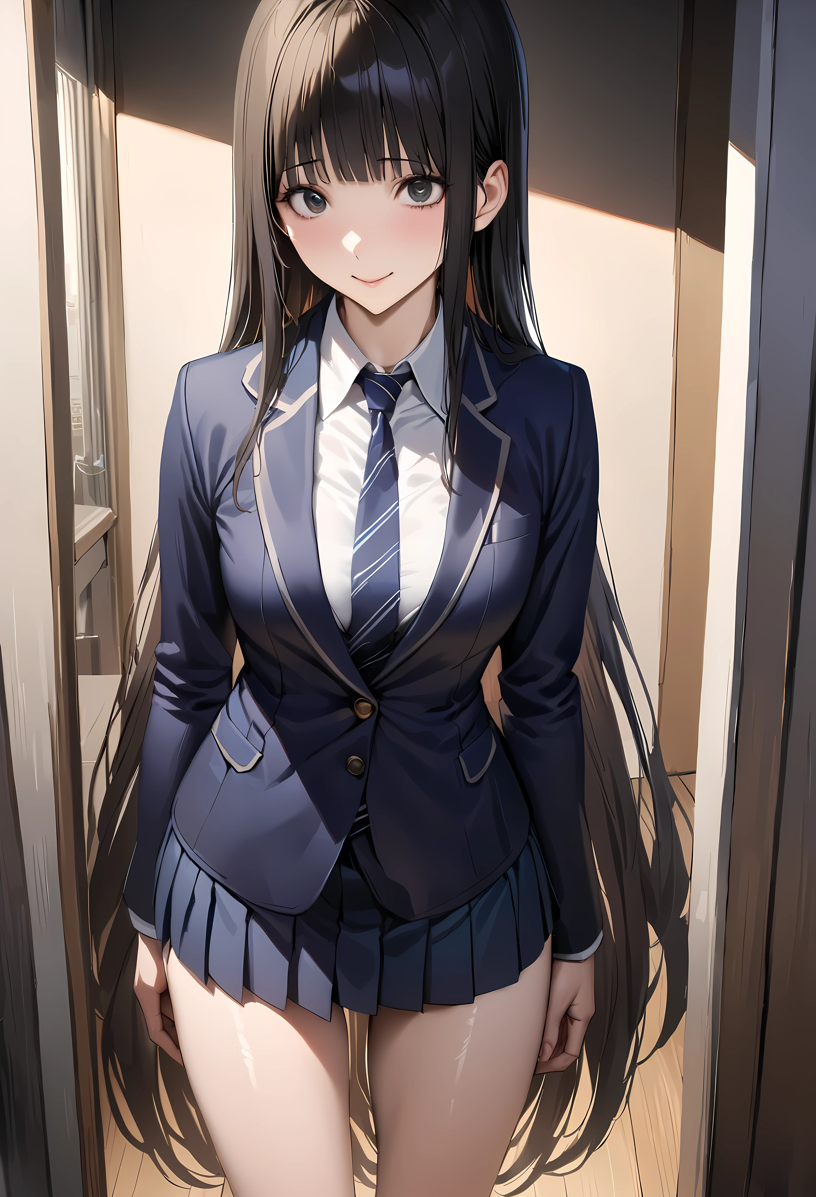 ((masterpiece,best quality anime,Highest quality:1.3)),realistic,cowboy shot,1woman,(30 year old beauty),((very small head:1.4)),((very long body:1.4)),straight long hair,black hair,(gorgeous big eyes),black eyes,shy,smile,((slender body:1.4,skinny:1.3)),medium breasts,(School uniform、Dark blue blazer jacket、Navy blue tie、White shirt),((Navy blue pleated mini skirt)),barefoot、gleaming skin,shiny skin,standing,Simple bedroom、Tokyo、