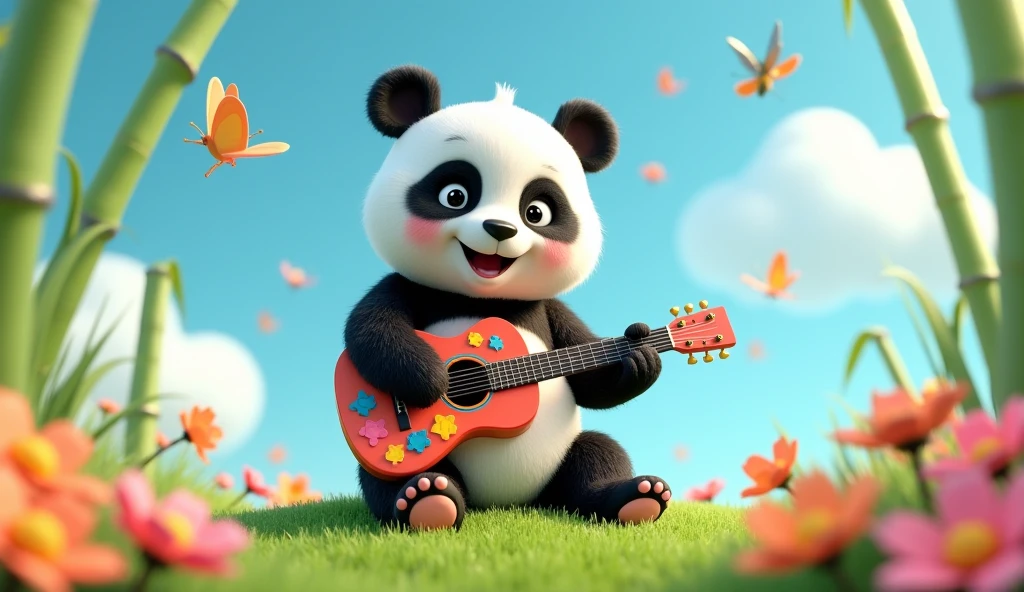 A cute giant panda sits on a grassy hill, happily playing a colorful guitar. Its round black and white face radiates joy as it plays, and the guitar is decorated with several colorful stickers. The panda is surrounded by bright flowers and dancing butterflies, creating a lively and cheerful atmosphere. In the background, bamboo sways gently in the breeze, and the blue sky and white clouds float, enhancing the cuteness and tranquil atmosphere of the scene. 3D animation style