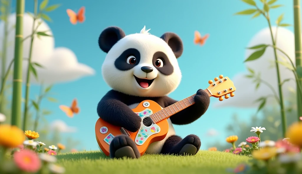 A cute giant panda sits on a grassy hill, happily playing a colorful guitar. Its round black and white face radiates joy as it plays, and the guitar is decorated with several colorful stickers. The panda is surrounded by bright flowers and dancing butterflies, creating a lively and cheerful atmosphere. In the background, bamboo sways gently in the breeze, and the blue sky and white clouds float, enhancing the cuteness and tranquil atmosphere of the scene. 3D animation style
