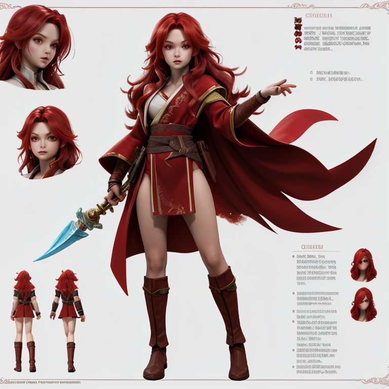 A female mage fighter with flowing red hair, dressed in a tattered robe, casting a fiery spell with one hand while wielding Character Sheet, 12 yo student, Full body, Simple white background, front pose character reference sheet, Concept art, design sheet