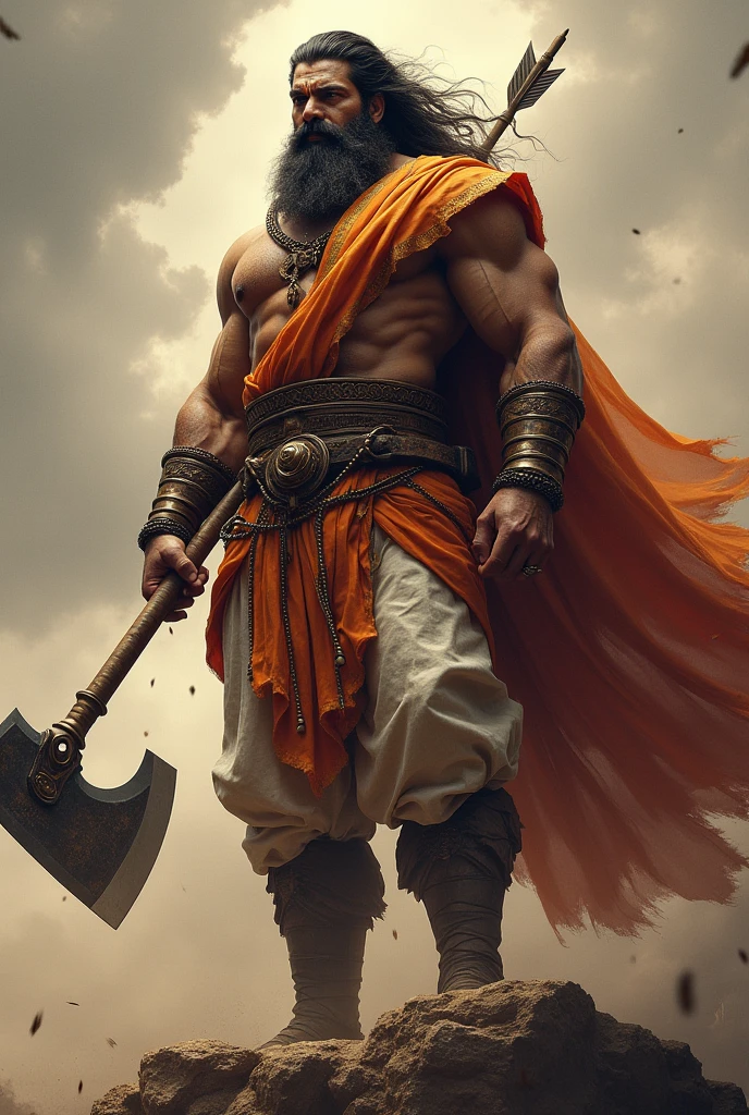 One bramhana pandit(parashuram) with great height and sixpack body holding big axe on his hands and He has an arrow on his shoulder standing on a high place and see in the war like a warrior ,he is bramhana pandit with amazing looks high beard and full hair