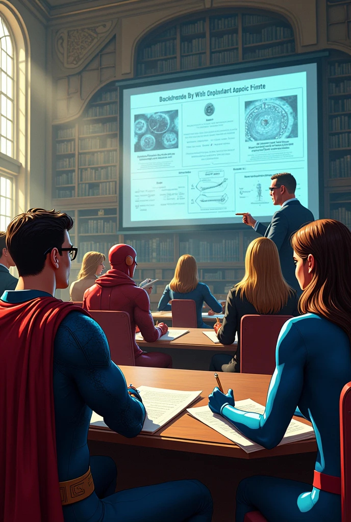 Superheroes making notes of lectures