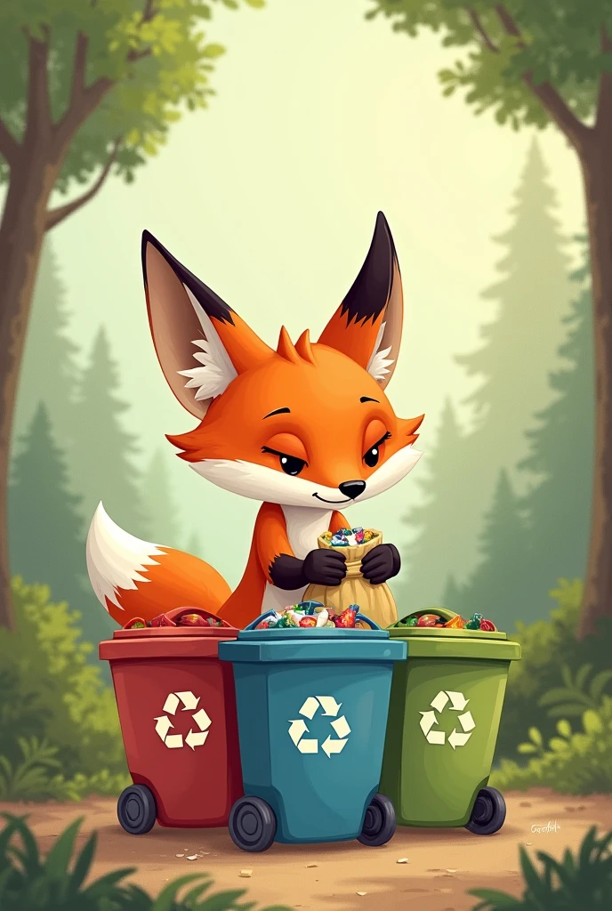 Fox throws trash, has three sorting trash cans diffirent color . And fox have a bag trash in hand .