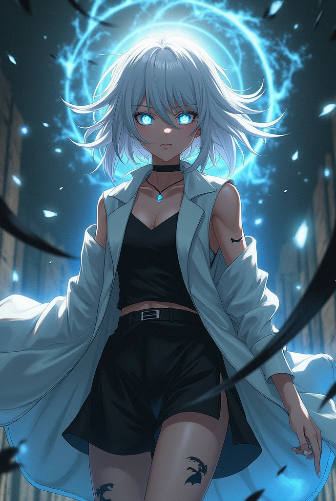 Black girl as gojo with white hair  
