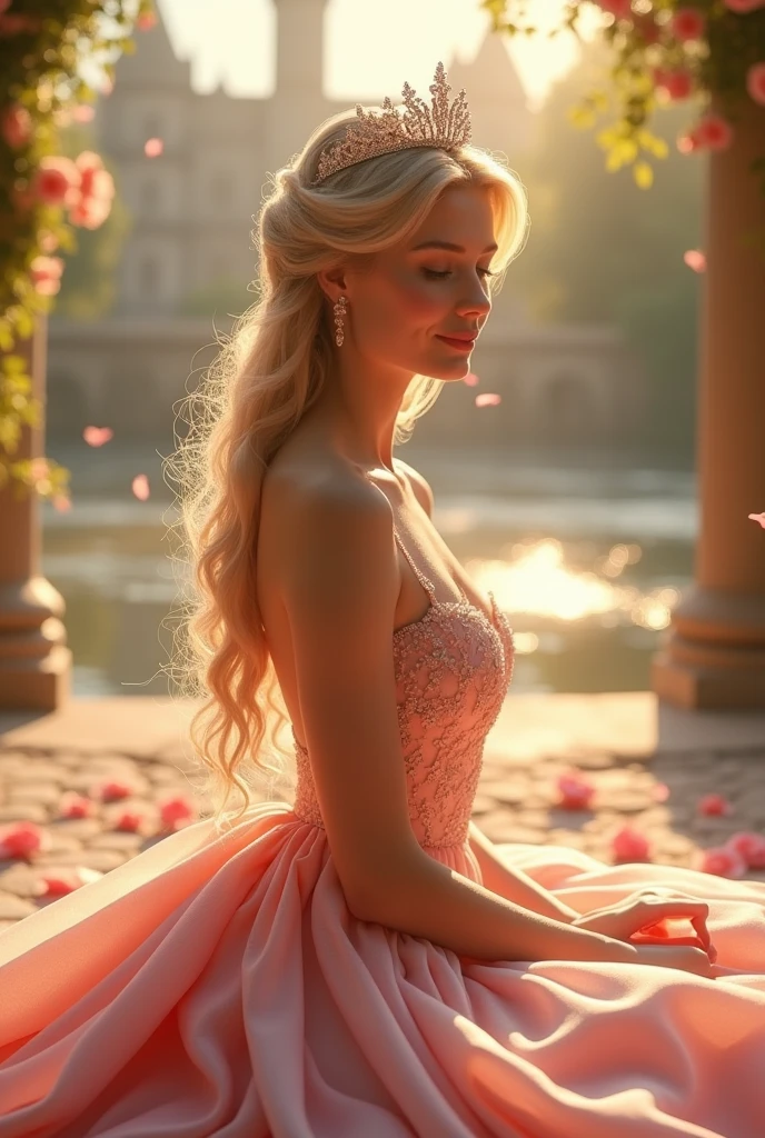 princess in blissful languor, dreams of a handsome prince, soothing lullaby music, luxurious satin dress, Sparkling tiara, charming smile, Warm golden sunlight, soft floral scent, Dreamy atmosphere, gentle breeze, gentle and romantic, whisper love stories, fairytale castle in the background, whimsical butterflies dance around, enchanted garden, delicate rose petals fall from the sky, graceful swans swim in a crystal clear pond, bright colors,Pastel shades, Soft and dreamy lighting, unearthly and magical landscapes, Beautiful shiny smooth, high quality, Best quality, absurdity, masterpiece, Beautiful, complex parts, 1/2 body trimmings, slender body, Beautiful figure, Magnificent Anatomy, (complex parts:1.12), HDR, (complex parts, hyperdetailing:1.15), (natural skin textures, hyperrealistic, soft light, spicy:1.2)