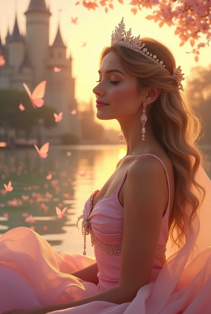 princess in blissful languor, dreams of a handsome prince, soothing lullaby music, luxurious satin dress, Sparkling tiara, charming smile, Warm golden sunlight, soft floral scent, Dreamy atmosphere, gentle breeze, gentle and romantic, whisper love stories, fairytale castle in the background, whimsical butterflies dance around, enchanted garden, delicate rose petals fall from the sky, graceful swans swim in a crystal clear pond, bright colors,Pastel shades, Soft and dreamy lighting, unearthly and magical landscapes, Beautiful shiny smooth, high quality, Best quality, absurdity, masterpiece, Beautiful, complex parts, 1/2 body trimmings, slender body, Beautiful figure, Magnificent Anatomy, (complex parts:1.12), HDR, (complex parts, hyperdetailing:1.15), (natural skin textures, hyperrealistic, soft light, spicy:1.2)