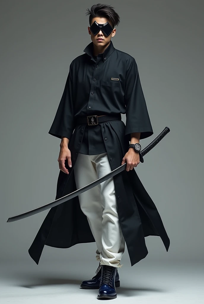 Draw a young man who have dimond type face and wore a black goggle and wore a black watch and wore a white pant and take katana on hand and black shirt and dark blue shoes