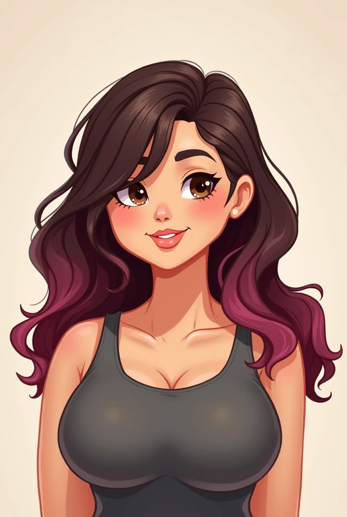 Make me a dark brunette dyed burgundy and chubby, that it is cartoon style without such marked features