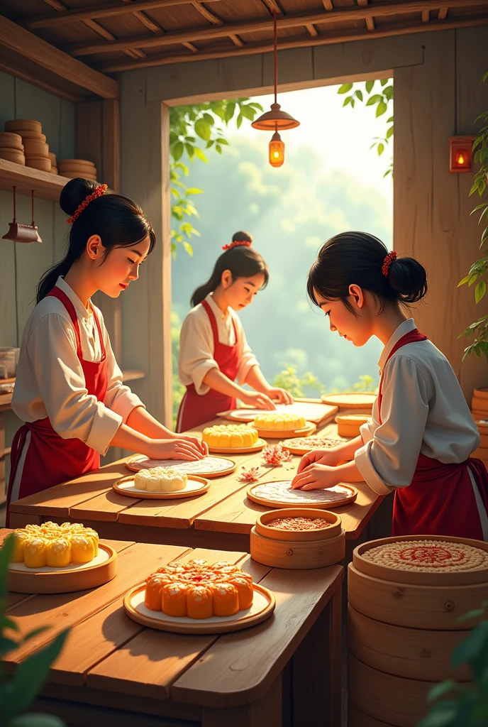 Please help me draw a Vietnamese folk cake making workshop