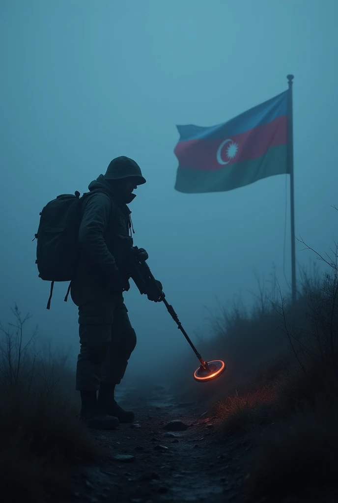 Deminer searching the land with metal detector in foggy night azerbaijan flag