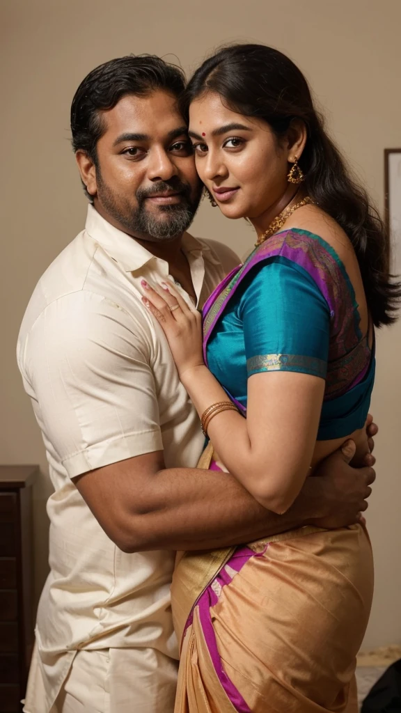 a  50-year-old shirtless man  affectionately hugging and kissing aradiant, full-figured South Indian plus-sized 30 year old teacher wearing a cream silky saree in  dressing room, captured in a full-body image with vibrant hues and meticulous details. Full body image