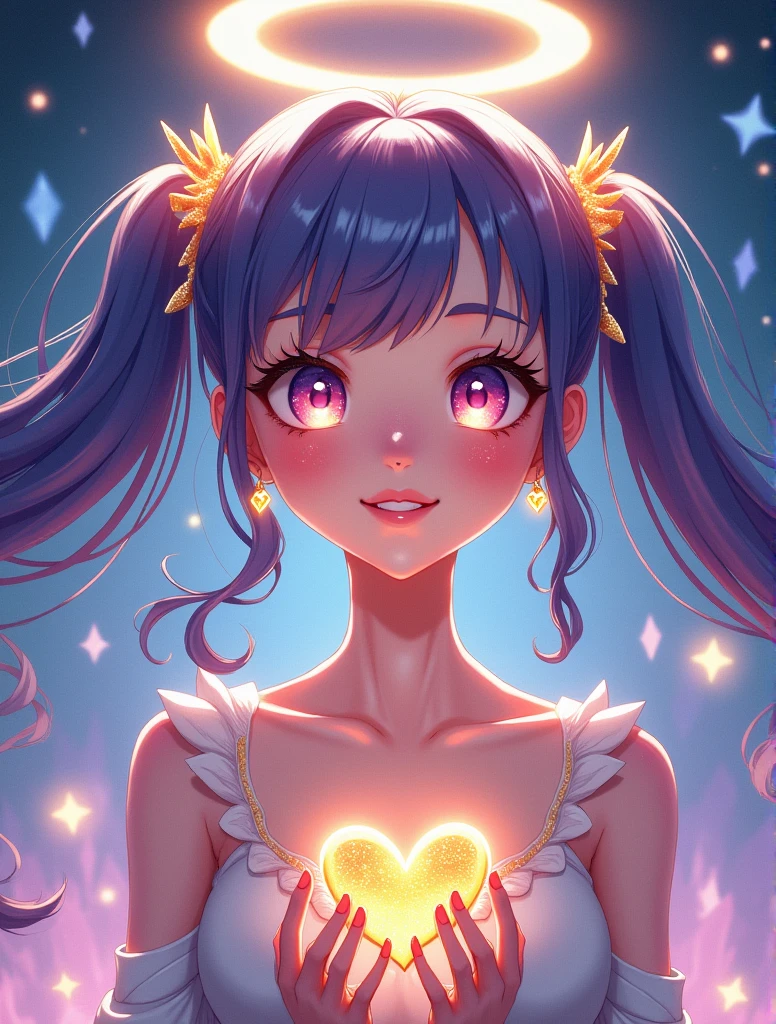 One girl, Twin tails, accessories, Earrings, accurate, chest, happiness/joy, Bright Eyes, Simple Background, Sparkle Effect, stereofuturism, crystal、
fortune teller、Angel Halo, Long Hair, , Heart-shaped eyes, star