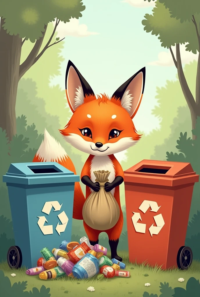 Fox throws trash,  has three sorting trash cans diffirent color  . And fox have a bag trash in hand . 