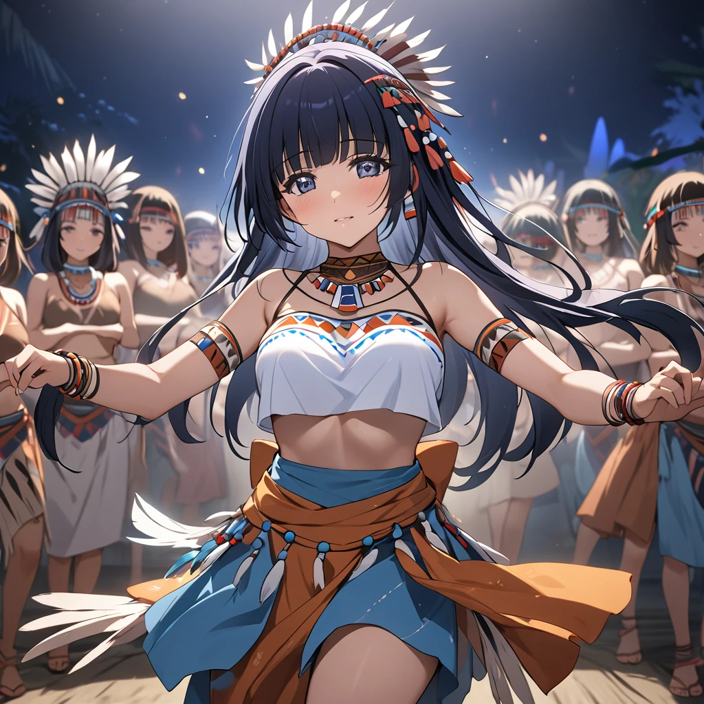 ((Highest quality)), ((masterpiece)), (detailed), （Perfect Face）、The woman is Aoki Reika, a tribal dancer with medium-long hair.、The woman is wearing a primitive tribal dance costume and dancing a mystical tribal dance.、night