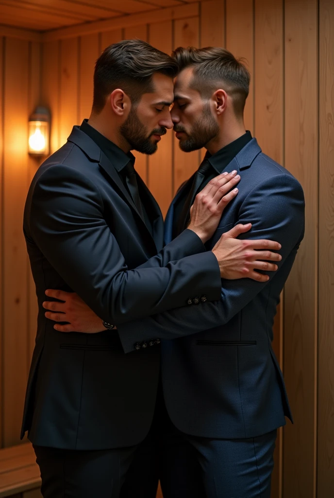 naked gay sex position bodyguard hug pectoral chest fucking by gay dark blue suit with black shirts and tie inside the hot sauna bathroom