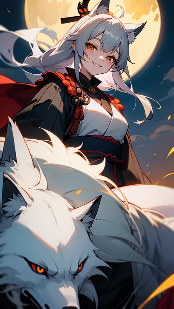 woman、samurai、Gray Hair、moon、masterpiece, Wolf Ears, Golden Eyes, Smiling with teeth showing,