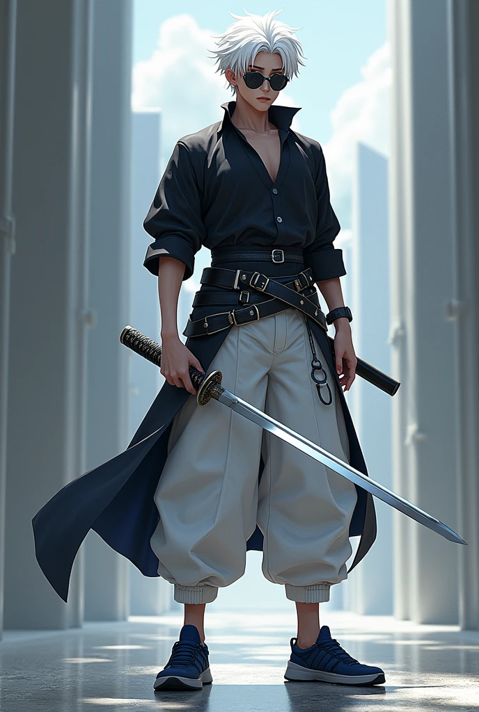 Draw a young man who have dimond type face and wore a black goggle and wore a black watch and wore a white pant and take katana on hand and black shirt and dark blue shoes and white haire