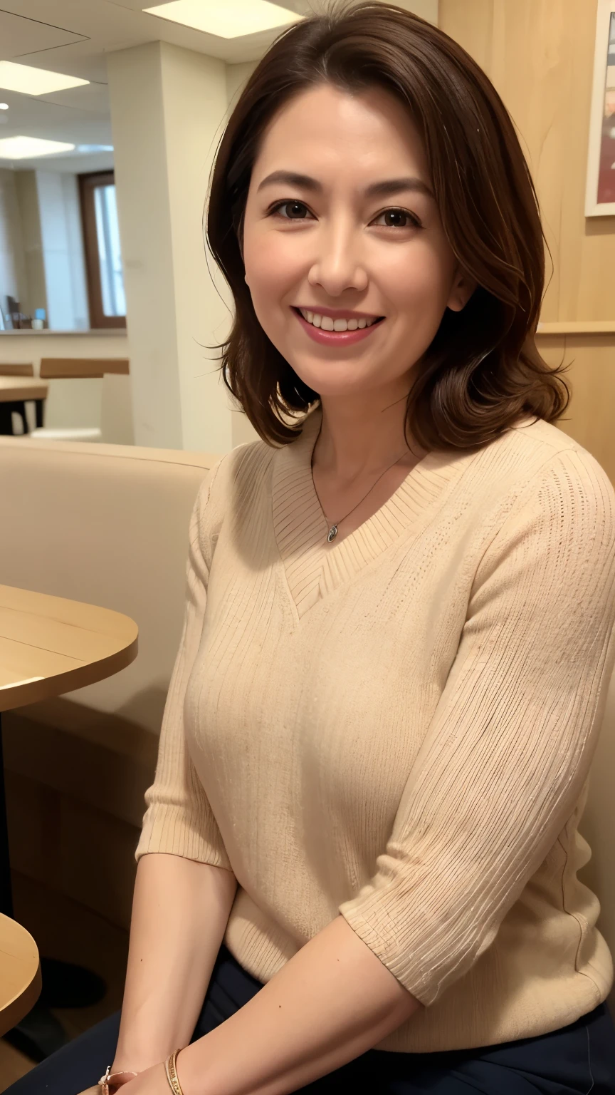8k wallpaper, masterpiece, Highest quality, Very detailed, One Mature Woman, 50 years old, Become very clear, Wearing a short-sleeved knit, Skin dents, Captivating smile, Looking at the audience, No lapel microphone, Plump, Curvaceous, Attractive face, Smiling with teeth showing, I was happy, sitting in a cafe, Background Blur