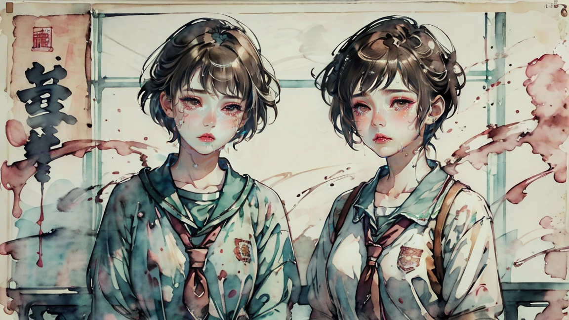 School classroom、Watercolor style、pale colour、Hand-drawn style, 1 student、high school girl、expensive 、Laughter、frontage、Upper Body、Brown Hair、short hair、Upper Body