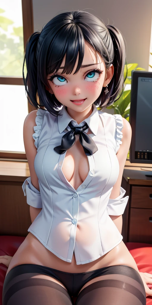 (RAW, best quality, masterpiece:1.5), (photo realistic, intricate details:1.2), ultra highres, absurdres,
1girl, solo, beautiful face, blue eyes, green eyes, detalied eyes, symmetric eyes, light on face, nose blush, short hair, black hair tie, 
clk, vest, suit, pencil miniskirt, (unbuttoned white shirt:1.2), loose silk scarf, black pantyhose, [:20d, :0.8],
smile, small dimples, sexually suggestive, head back, ahegao, rolling eyes, breastapart, open legs, legs spread open, breasts exposed
medium breasts, slim waist, slim legs, long legs,
sitting on chair in front of desk, perfect body, good proportions,
looking at viewer, 
(office, indoor, hyper detailed background:1.2), japan, copy machine, file cabinet, computer, monitor,
shiny skin, real skin texture, 
natural lighting, best lighting, detailed background, detailed shadow, sharp focus, depth of field f/2,
saturated, high contrast, strong light and shadow