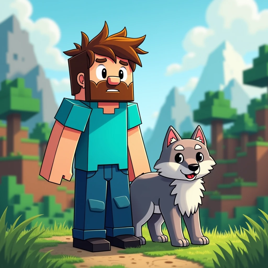 Two-dimensional cartoon design of a man, brown dwarf hair, brown beard, blue t-shirt, indigo pants, black shoes, real body without cubes and his white wolf with real shape and human body without cubes in Minecraft land