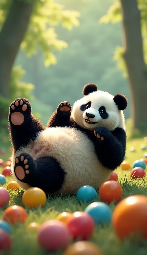 Chinese Giant Panda，Roll on the ground，High-definition quality，Play in the park，Playing with colored balls