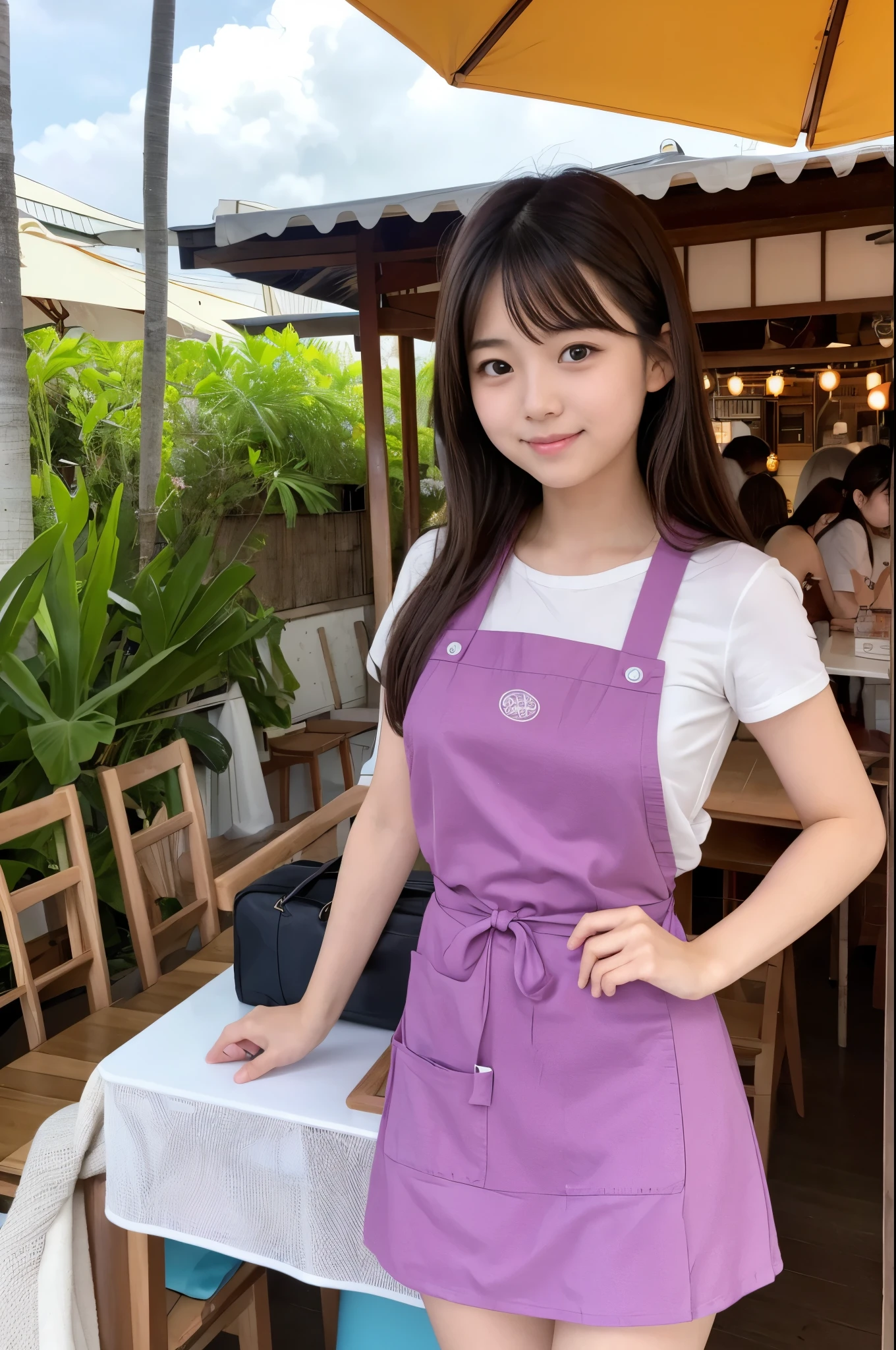 A girl (twenty years old, Japanese cute face) are wearing apron, mini skirt at the beach bar