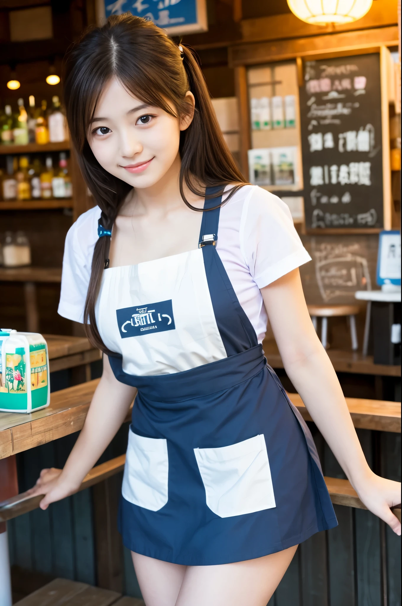 A girl (twenty years old, Japanese cute face) are wearing apron, mini skirt at the beach bar