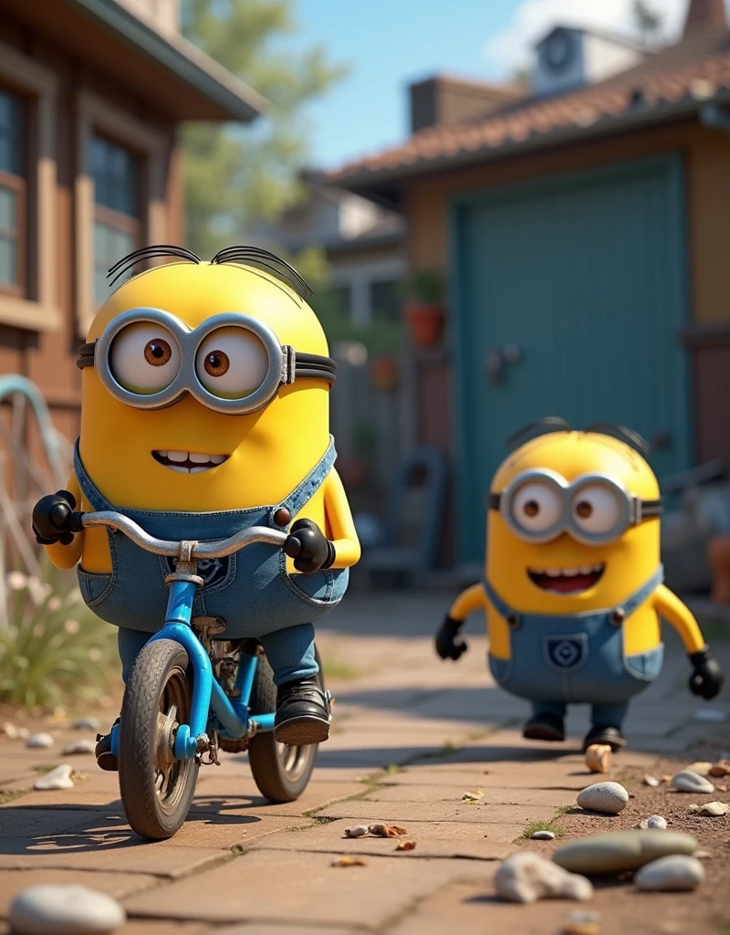Minion Kevin finds an old blue bike The race begins, start with another Minion