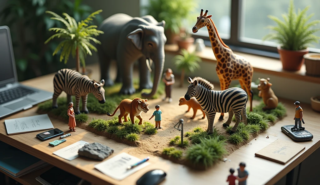 A real zoo scene set on a cluttered office desk. The desk has a laptop, mouse, smartphone, writing tools, and scattered sheets of paper. The miniature zoo features real tiny versions of animals such as an elephant, tiger, monkey, zebra, and giraffe. There are also real small adult and  visitors exploring the zoo, as well as a janitor cleaning within the zoo environment.