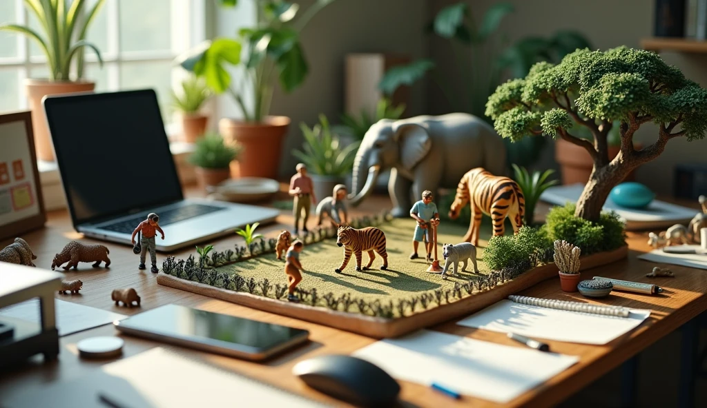 A real zoo scene set on a cluttered office desk. The desk has a laptop, mouse, smartphone, writing tools, and scattered sheets of paper. The miniature zoo features real tiny versions of animals such as an elephant, tiger, monkey, zebra, and giraffe. There are also real small adult and child visitors exploring the zoo, as well as a janitor cleaning within the zoo environment.