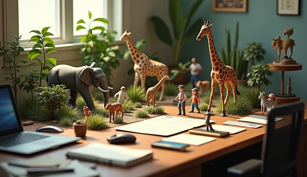 A real zoo scene set on a cluttered office desk. The desk has a laptop, mouse, smartphone, writing tools, and scattered sheets of paper. The miniature zoo features real tiny versions of animals such as an elephant, tiger, monkey, zebra, and giraffe. There are also real small adult and child visitors exploring the zoo, as well as a janitor cleaning within the zoo environment.