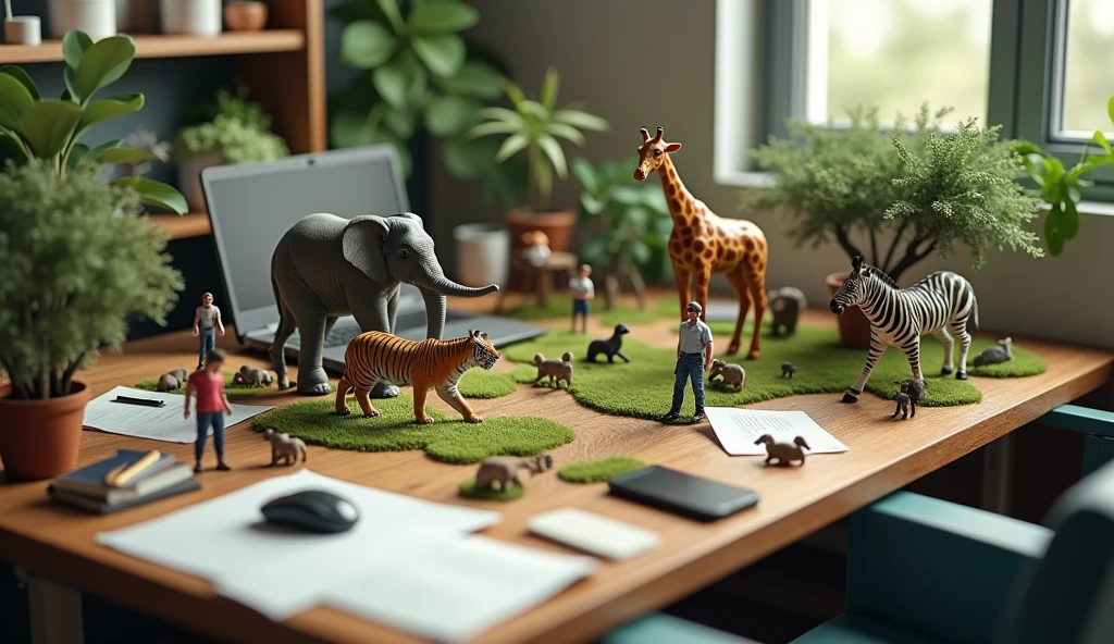 A real zoo scene set on a cluttered office desk. The desk has a laptop, mouse, smartphone, writing tools, and scattered sheets of paper. The miniature zoo features real tiny versions of animals such as an elephant, tiger, monkey, zebra, and giraffe. There are also real small adult and child visitors exploring the zoo, as well as a janitor cleaning within the zoo environment.