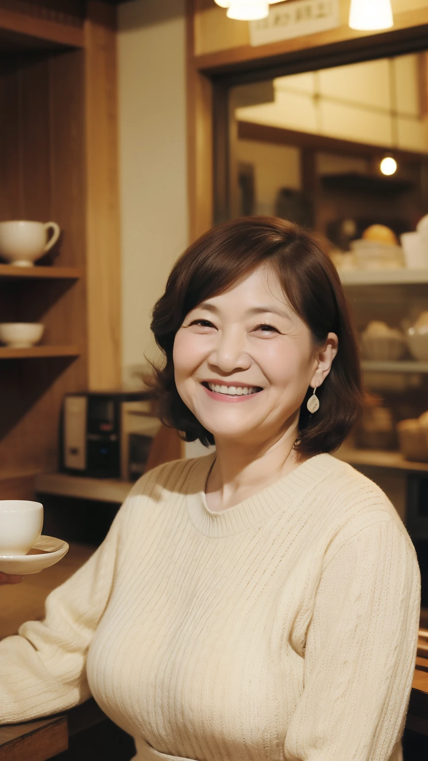 Osaka's aunt、Organic Photography、Highest quality、masterpiece、Ultra-high resolution、Beautiful Japanese old lady、60 years old、Looking at the audience、Elegant face、Smiling with teeth showing、Big Breasts、Wearing a plain short-sleeved knit、Wavy Hair、mini skirt、Earrings、A corner of a coffee shop, Background Blur